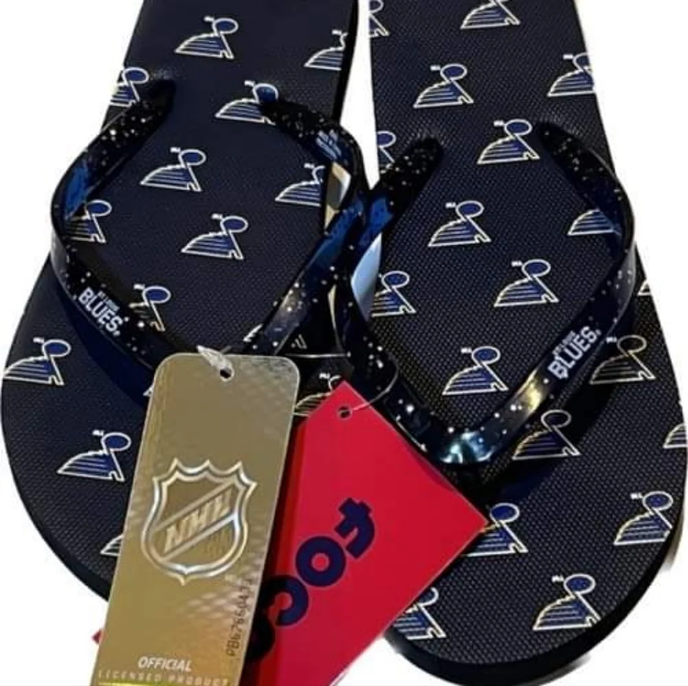 NHL St‎ Louis Blues FOCO Blue Glitter Flip Flops Sandals Womens Small Casual NEW